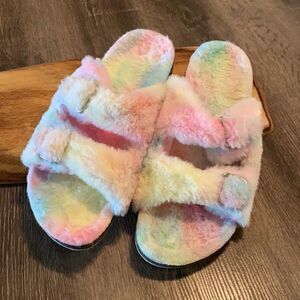 Women's Tie Dye Soft Fluffy Faux Fur Slippers, House Slipper. Sz 11/12
